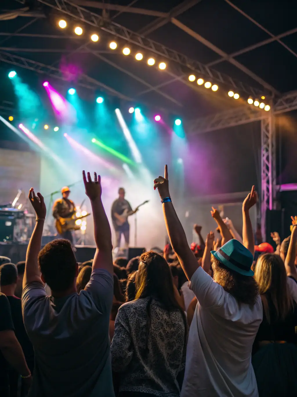 A dynamic image of a live music performance organized by AIX EN OEUVRES, with musicians on stage and an enthusiastic audience enjoying the show.