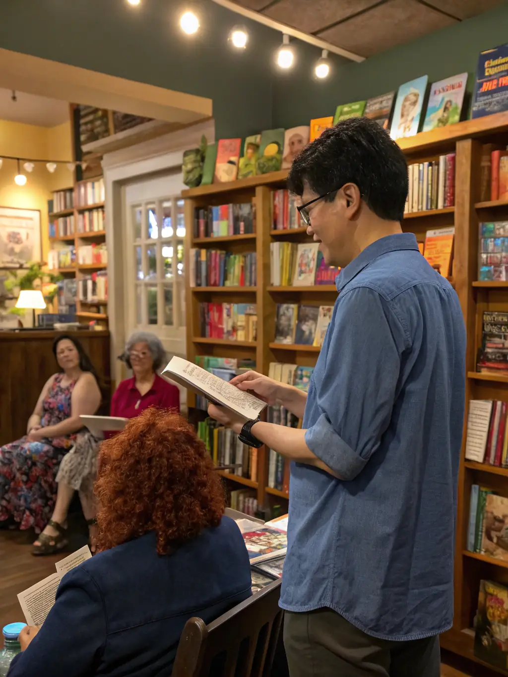 A photograph of a literary event organized by AIX EN OEUVRES, showing an author giving a reading to an attentive audience in a cozy setting.