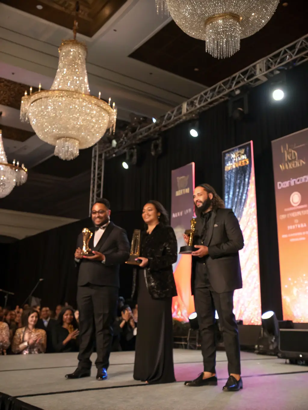 A photograph of a group of artists receiving awards at an AIX EN OEUVRES gala, highlighting their contributions to the art world and their impact on the community.
