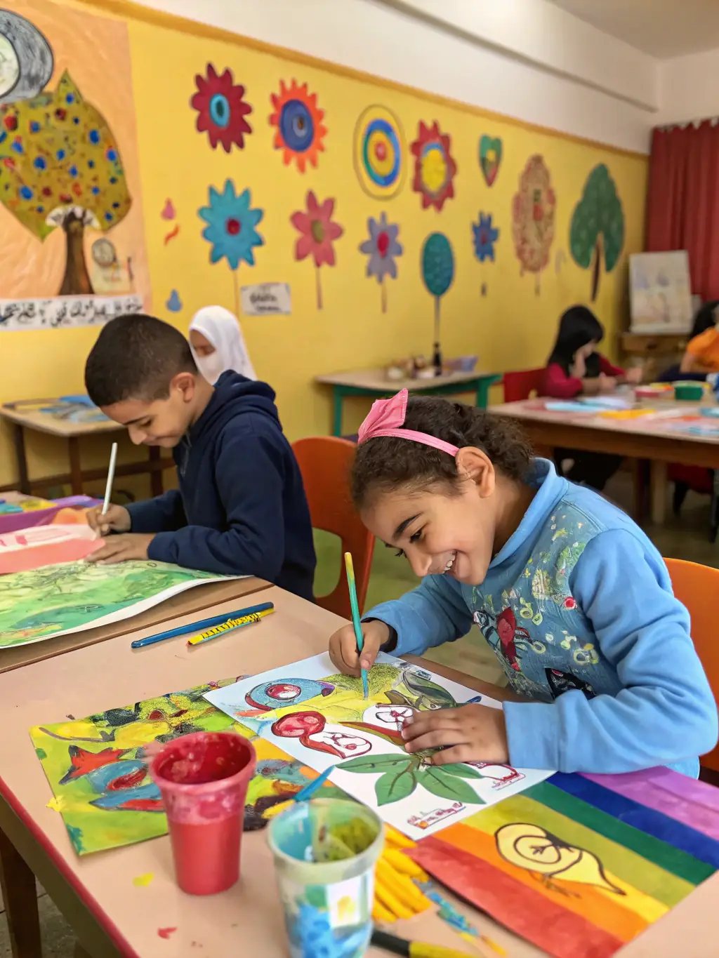A photograph of children participating in an art workshop organized by AIX EN OEUVRES, showing them engaged in painting and creative activities, fostering their artistic talents.