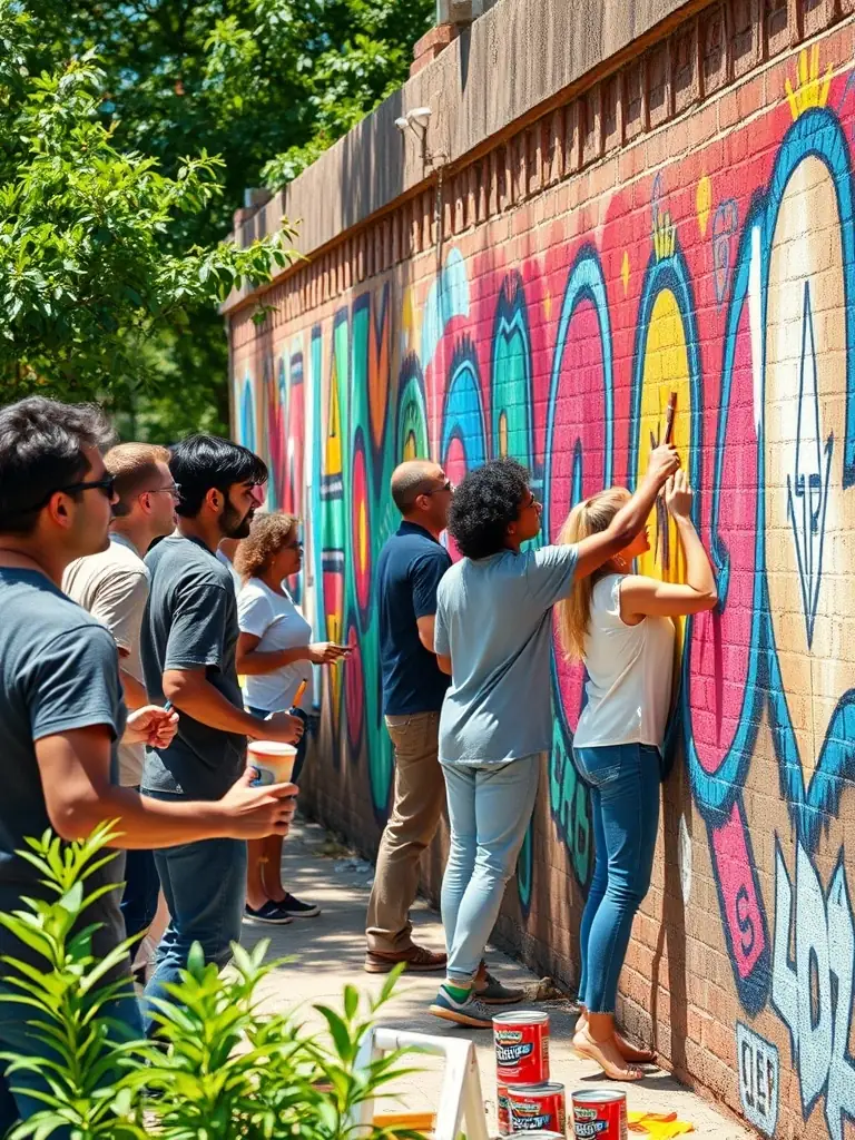 A photograph of a community art installation project, showcasing a collaborative artwork created by local residents, reflecting the spirit and identity of the community.